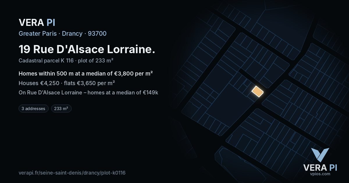 19 Rue D'Alsace Lorraine, Drancy at night – the plot lit, the parcels around coloured by the prices near them
