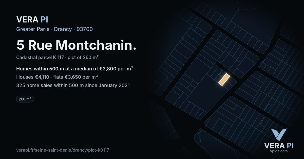 5 Rue Montchanin, Drancy at night – the plot lit, the parcels around coloured by the prices near them