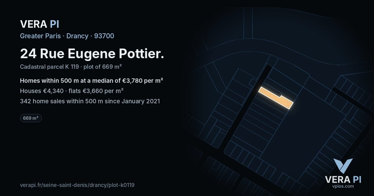 24 Rue Eugene Pottier, Drancy at night – the plot lit, the parcels around coloured by the prices near them