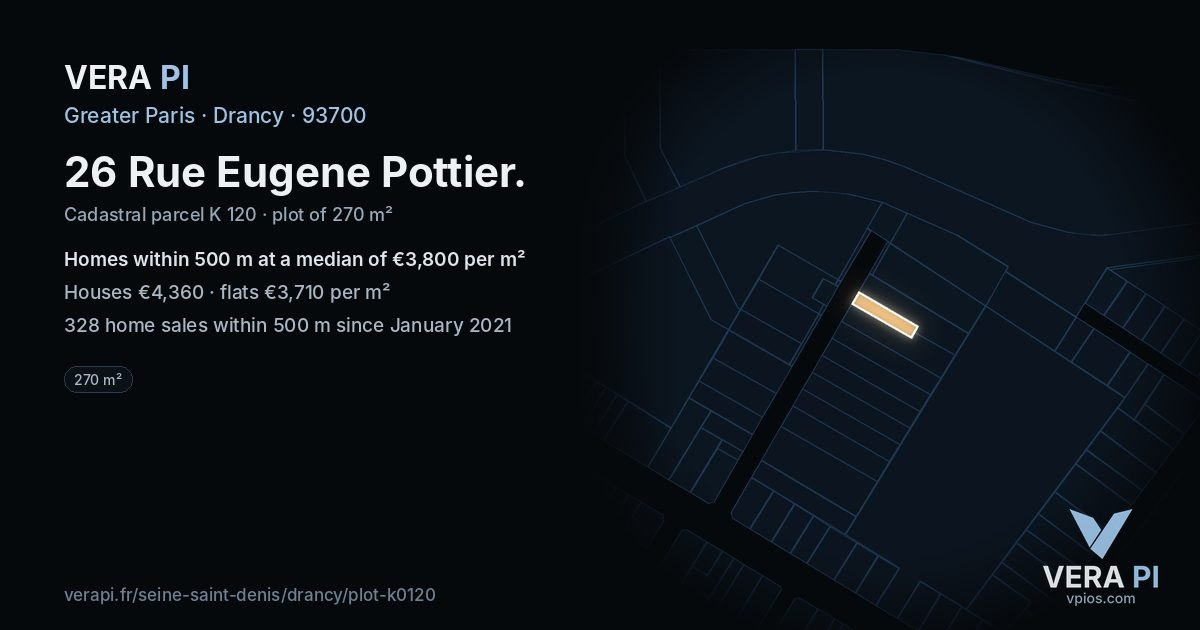 26 Rue Eugene Pottier, Drancy at night – the plot lit, the parcels around coloured by the prices near them