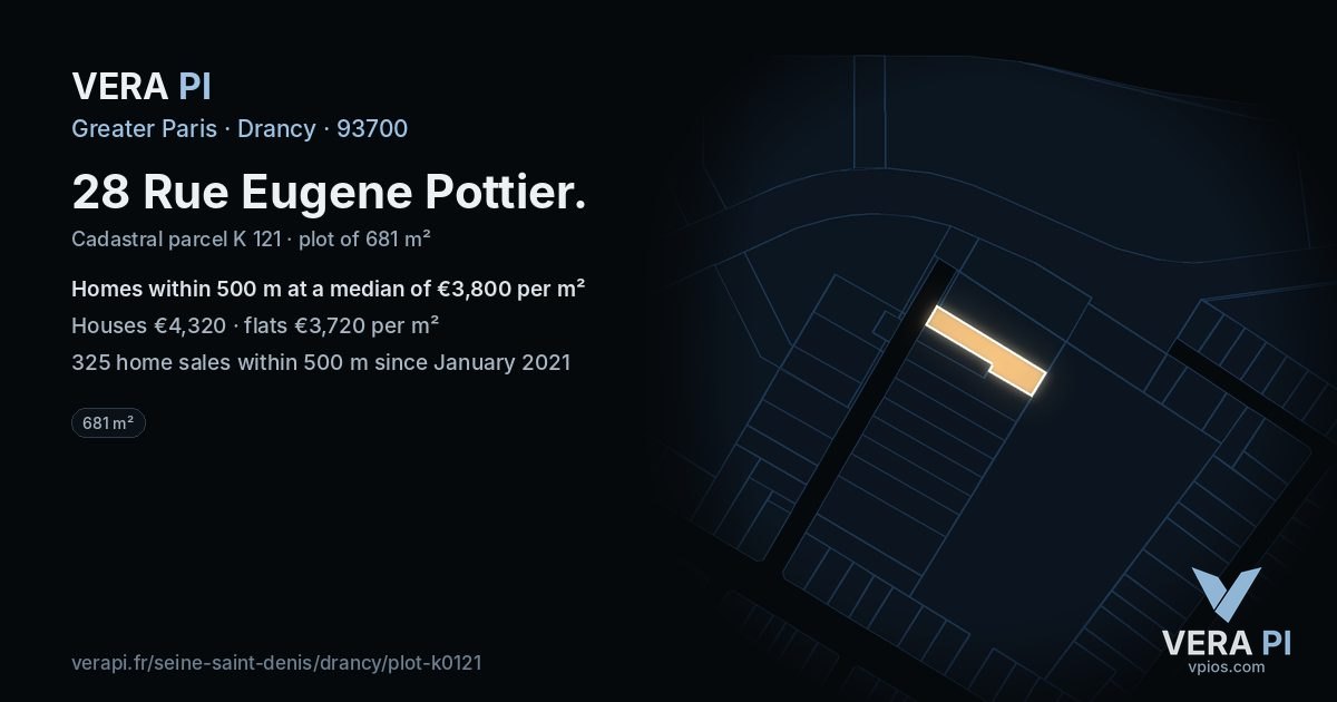 28 Rue Eugene Pottier, Drancy at night – the plot lit, the parcels around coloured by the prices near them
