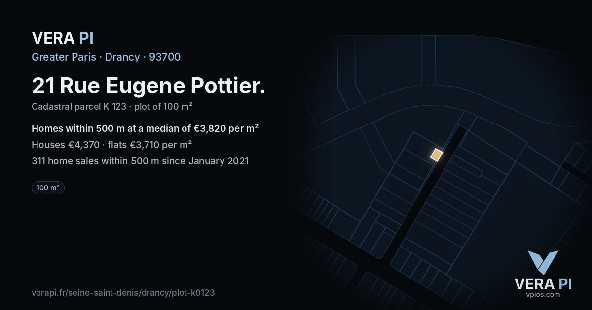 21 Rue Eugene Pottier, Drancy at night – the plot lit, the parcels around coloured by the prices near them