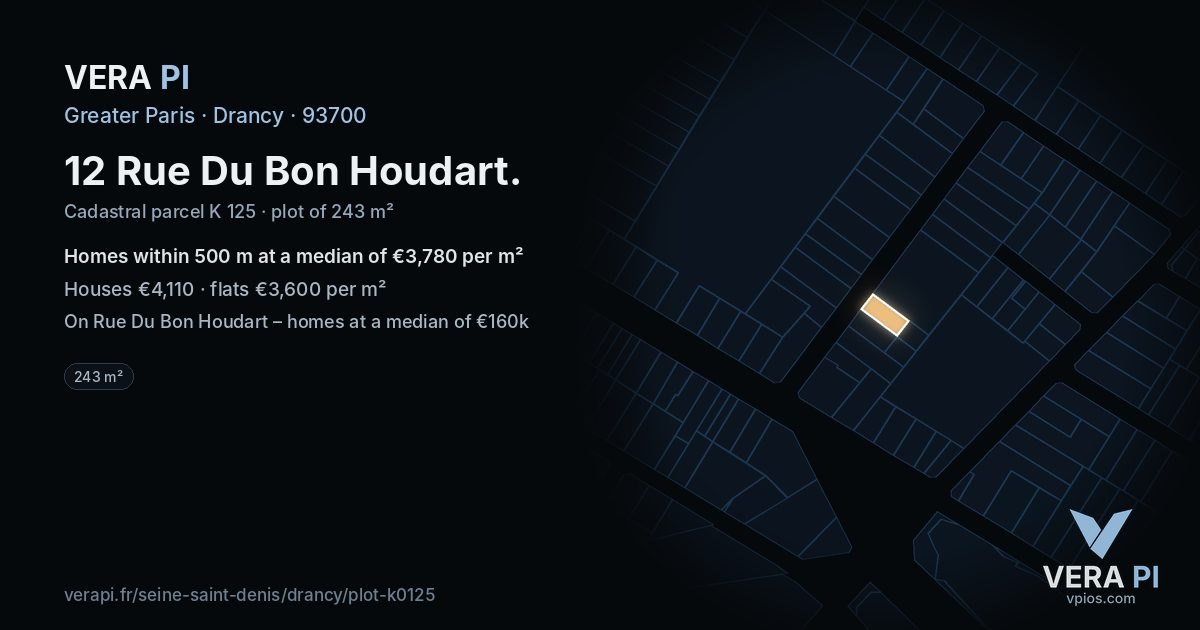 12 Rue Du Bon Houdart, Drancy at night – the plot lit, the parcels around coloured by the prices near them
