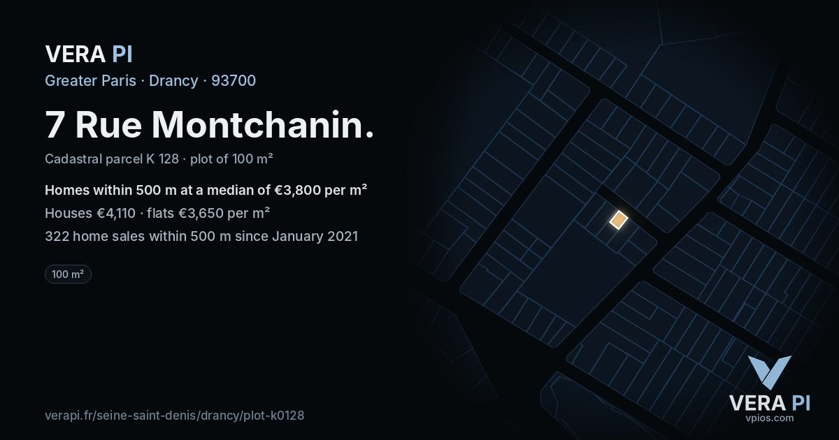 7 Rue Montchanin, Drancy at night – the plot lit, the parcels around coloured by the prices near them