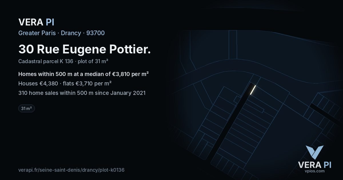 30 Rue Eugene Pottier, Drancy at night – the plot lit, the parcels around coloured by the prices near them
