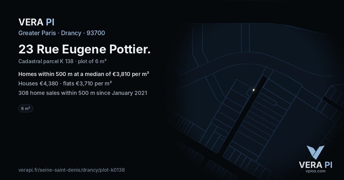 23 Rue Eugene Pottier, Drancy at night – the plot lit, the parcels around coloured by the prices near them