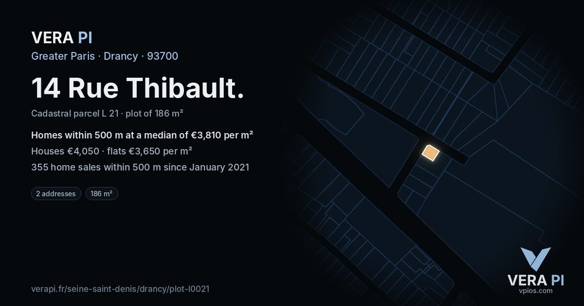 14 Rue Thibault, Drancy at night – the plot lit, the parcels around coloured by the prices near them