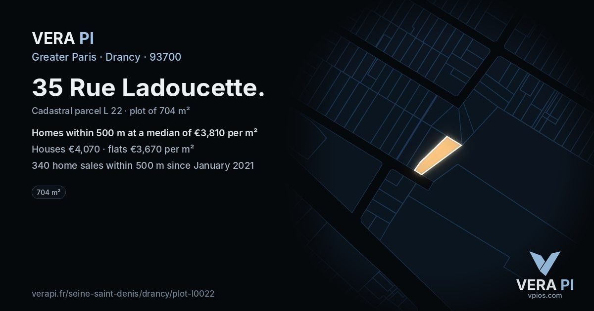 35 Rue Ladoucette, Drancy at night – the plot lit, the parcels around coloured by the prices near them