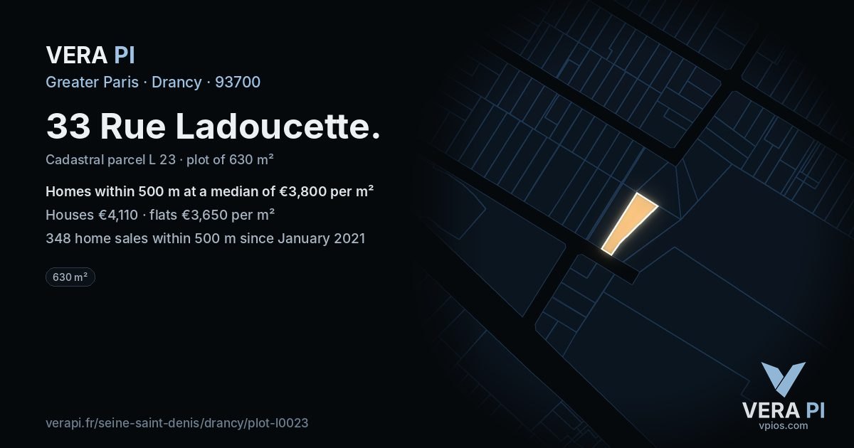 33 Rue Ladoucette, Drancy at night – the plot lit, the parcels around coloured by the prices near them