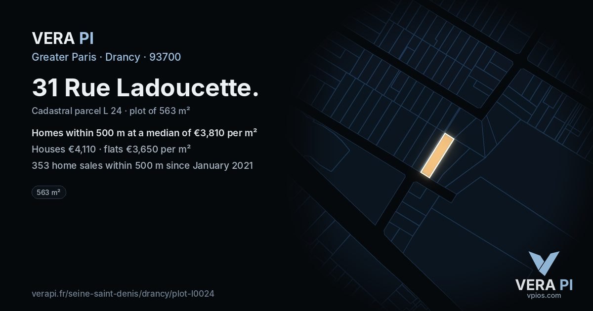31 Rue Ladoucette, Drancy at night – the plot lit, the parcels around coloured by the prices near them