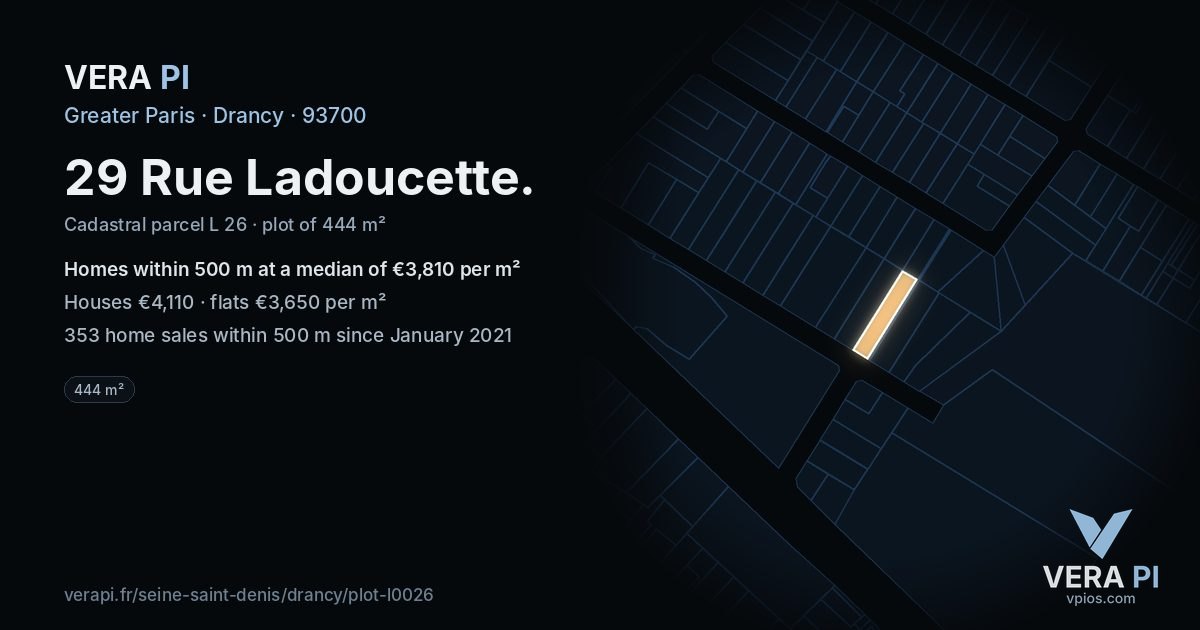 29 Rue Ladoucette, Drancy at night – the plot lit, the parcels around coloured by the prices near them