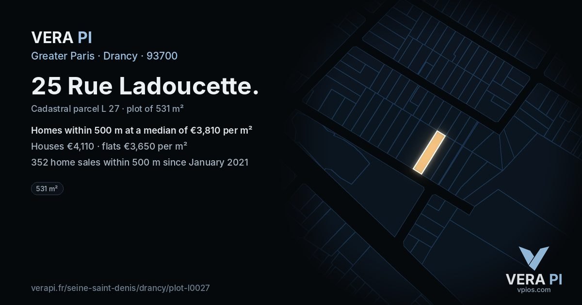 25 Rue Ladoucette, Drancy at night – the plot lit, the parcels around coloured by the prices near them