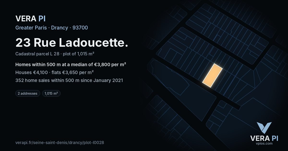23 Rue Ladoucette, Drancy at night – the plot lit, the parcels around coloured by the prices near them