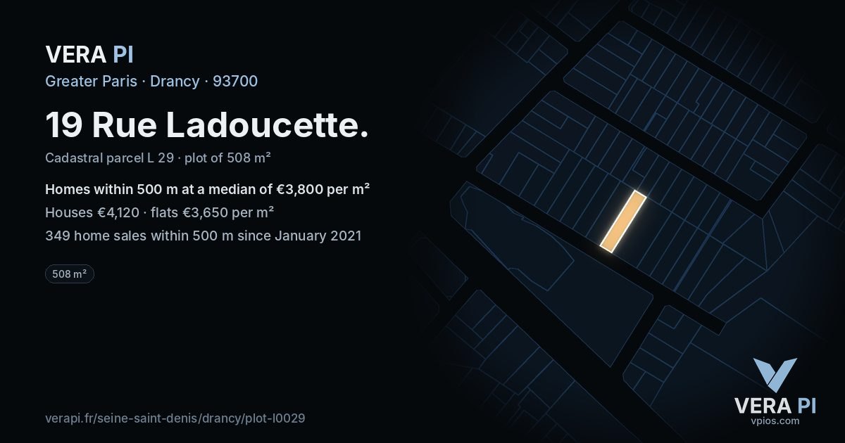 19 Rue Ladoucette, Drancy at night – the plot lit, the parcels around coloured by the prices near them