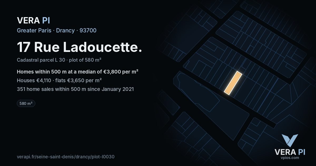 17 Rue Ladoucette, Drancy at night – the plot lit, the parcels around coloured by the prices near them