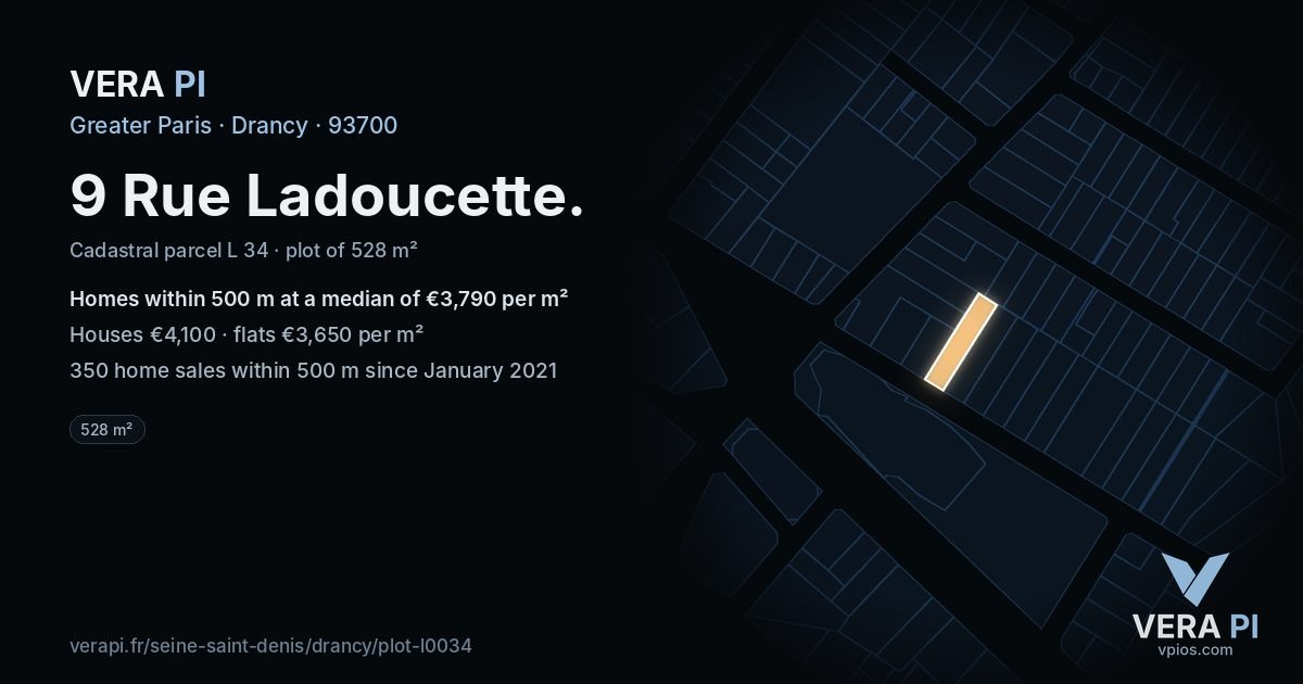 9 Rue Ladoucette, Drancy at night – the plot lit, the parcels around coloured by the prices near them