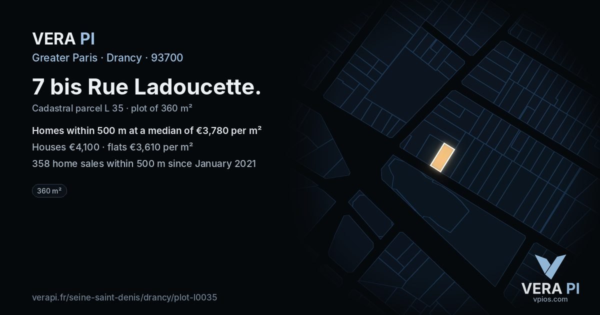 7 bis Rue Ladoucette, Drancy at night – the plot lit, the parcels around coloured by the prices near them