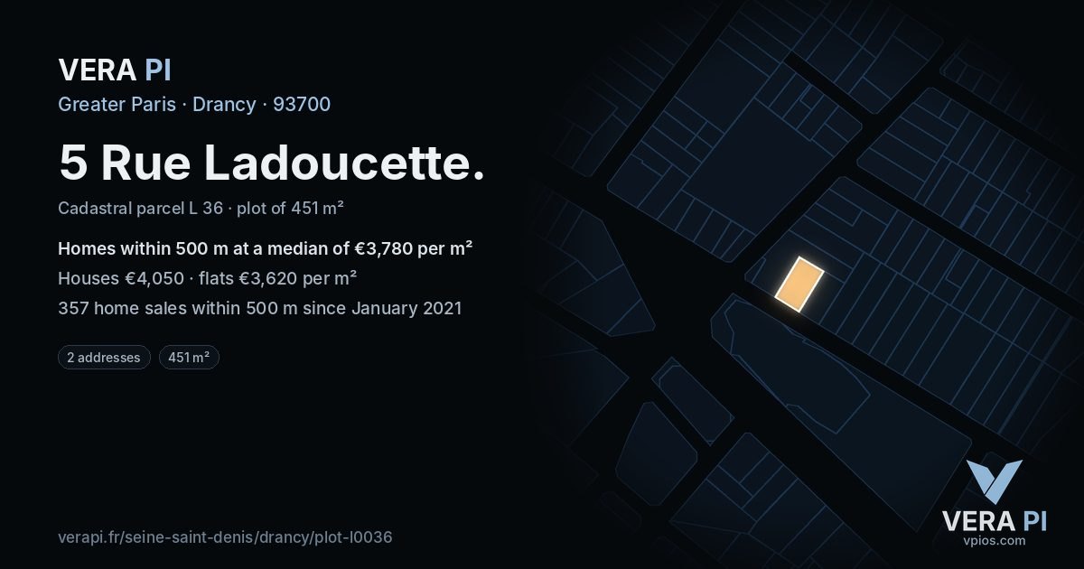5 Rue Ladoucette, Drancy at night – the plot lit, the parcels around coloured by the prices near them