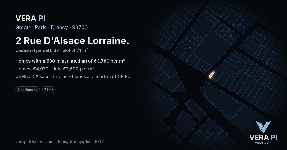 2 Rue D'Alsace Lorraine, Drancy at night – the plot lit, the parcels around coloured by the prices near them