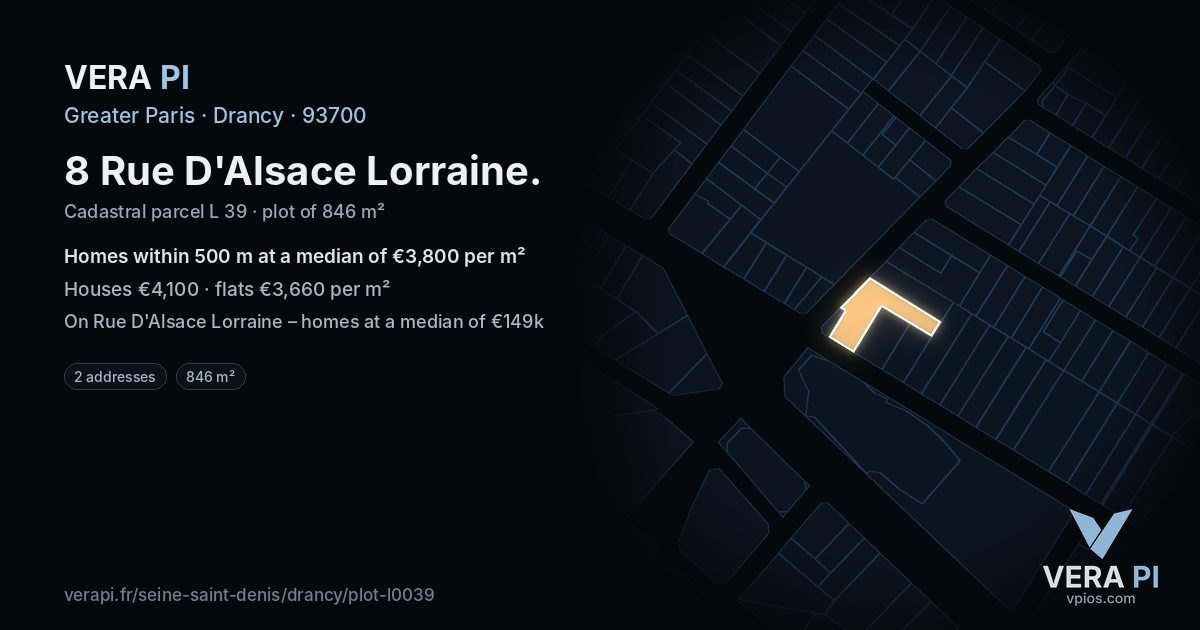 8 Rue D'Alsace Lorraine, Drancy at night – the plot lit, the parcels around coloured by the prices near them