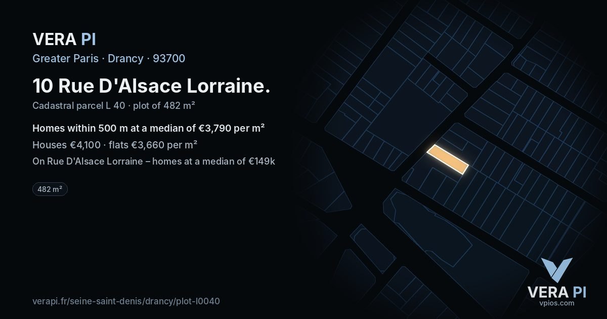 10 Rue D'Alsace Lorraine, Drancy at night – the plot lit, the parcels around coloured by the prices near them