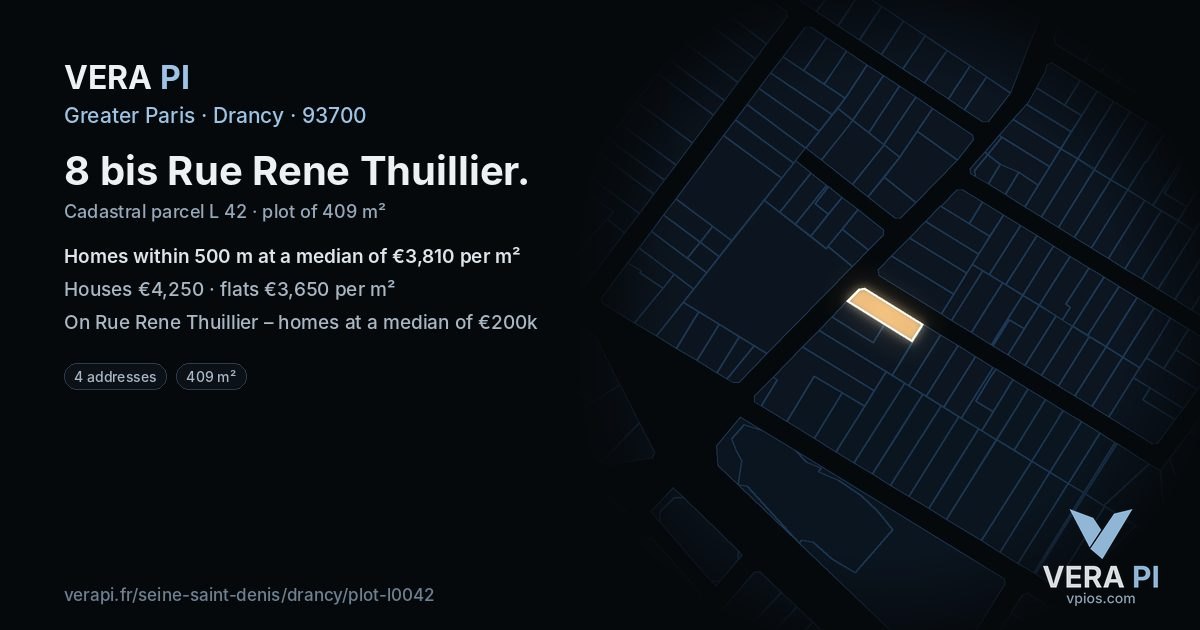 8 bis Rue Rene Thuillier, Drancy at night – the plot lit, the parcels around coloured by the prices near them