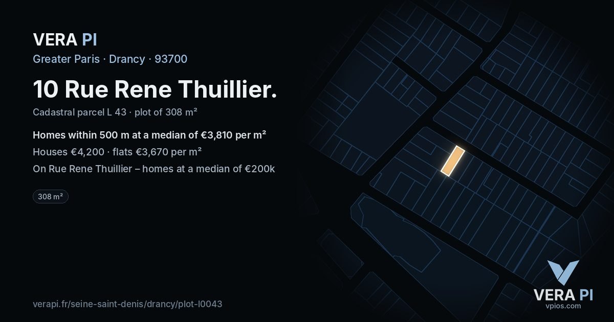 10 Rue Rene Thuillier, Drancy at night – the plot lit, the parcels around coloured by the prices near them