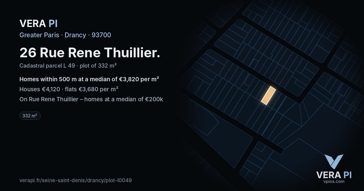 26 Rue Rene Thuillier, Drancy at night – the plot lit, the parcels around coloured by the prices near them