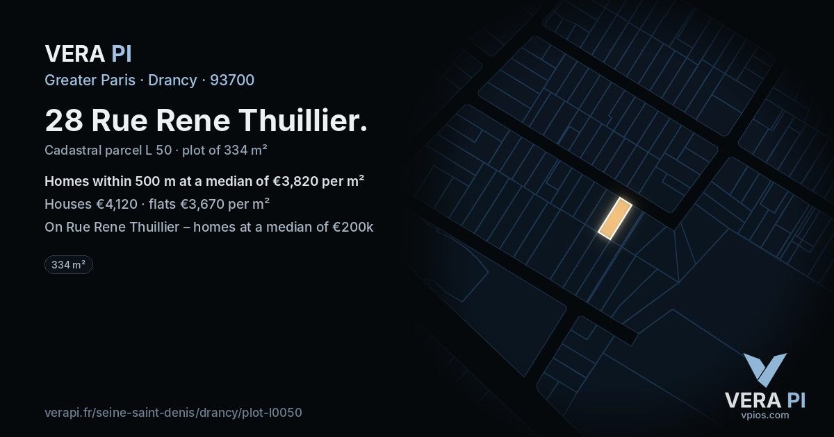 28 Rue Rene Thuillier, Drancy at night – the plot lit, the parcels around coloured by the prices near them