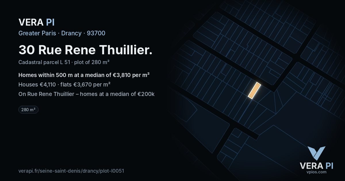 30 Rue Rene Thuillier, Drancy at night – the plot lit, the parcels around coloured by the prices near them