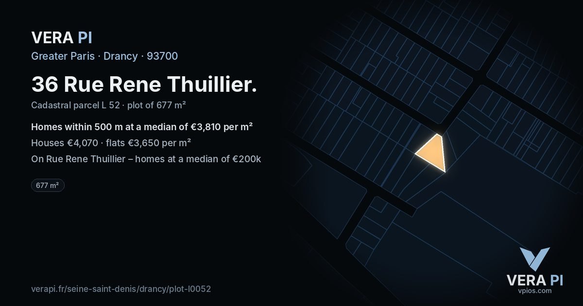 36 Rue Rene Thuillier, Drancy at night – the plot lit, the parcels around coloured by the prices near them