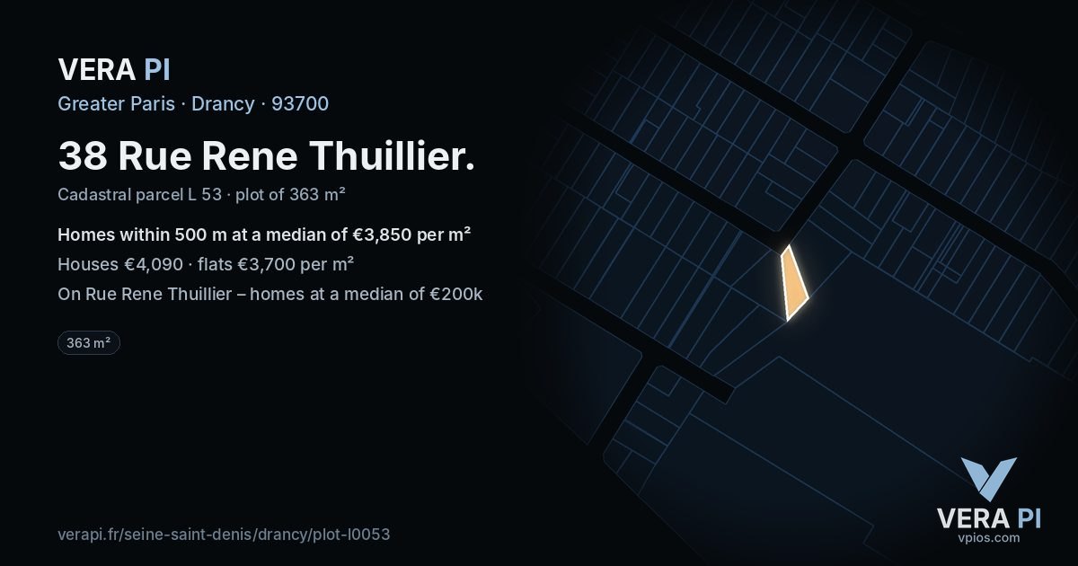 38 Rue Rene Thuillier, Drancy at night – the plot lit, the parcels around coloured by the prices near them
