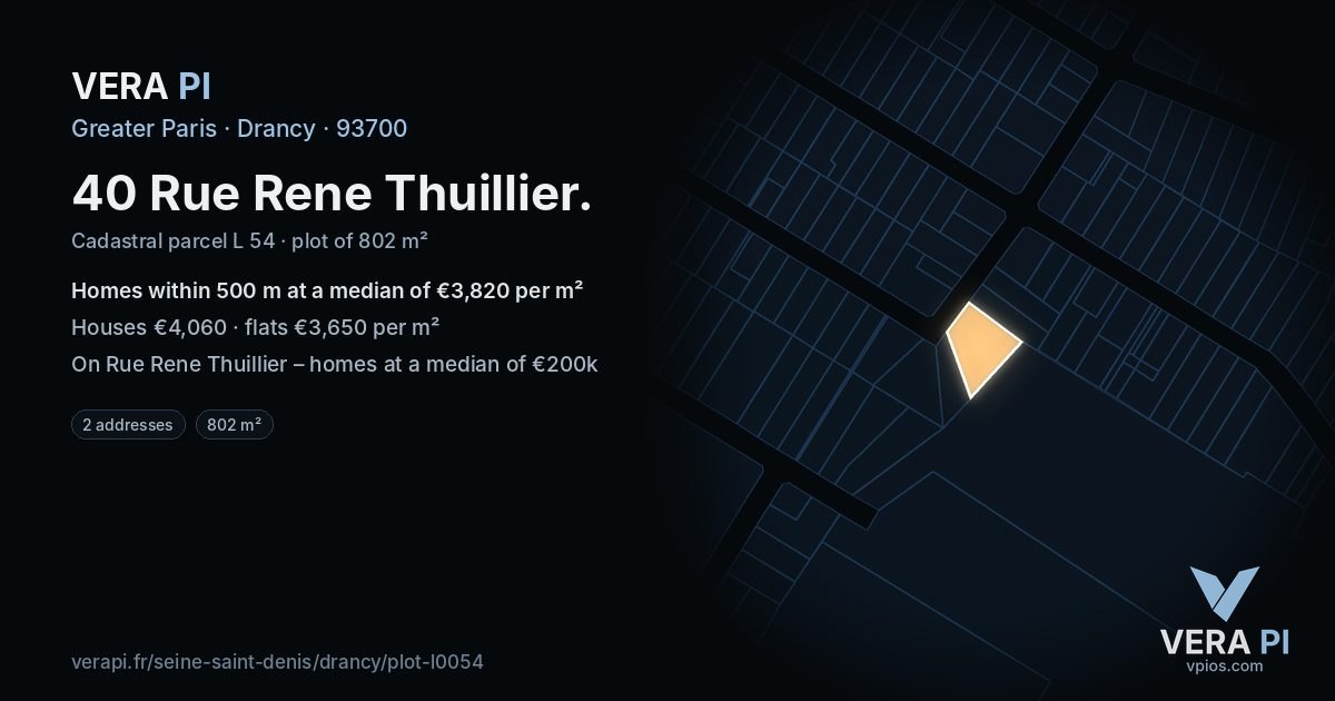 40 Rue Rene Thuillier, Drancy at night – the plot lit, the parcels around coloured by the prices near them