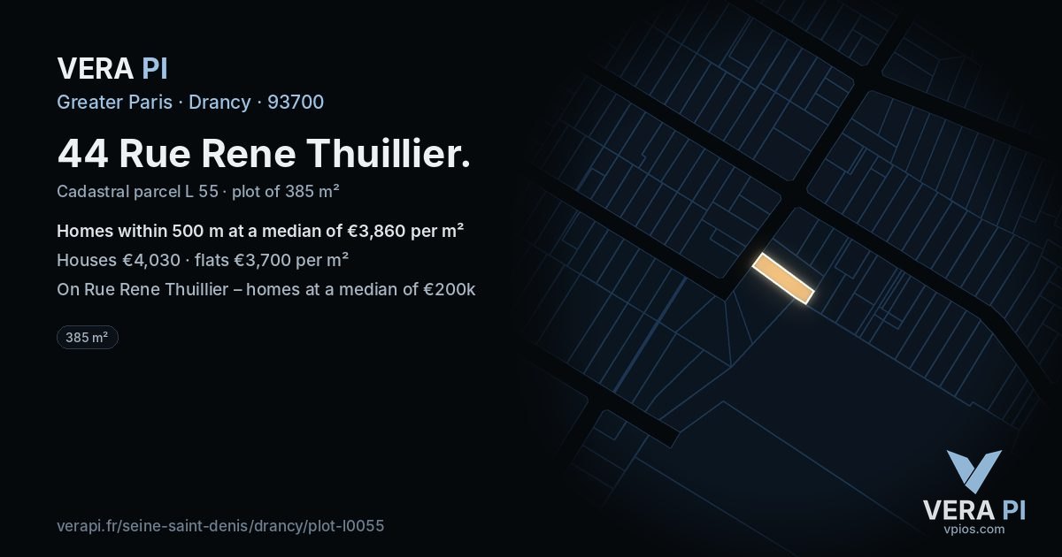 44 Rue Rene Thuillier, Drancy at night – the plot lit, the parcels around coloured by the prices near them