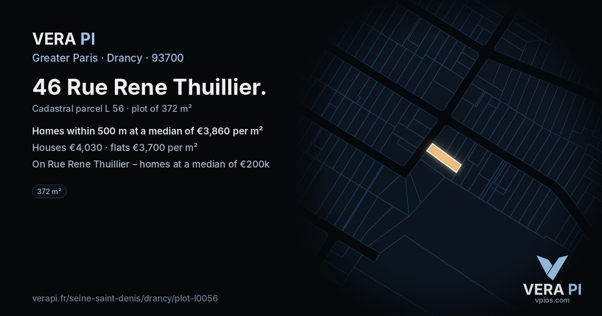 46 Rue Rene Thuillier, Drancy at night – the plot lit, the parcels around coloured by the prices near them