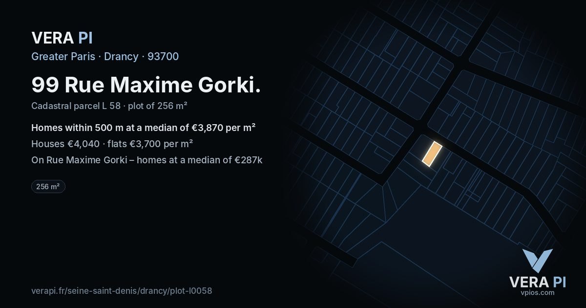 99 Rue Maxime Gorki, Drancy at night – the plot lit, the parcels around coloured by the prices near them