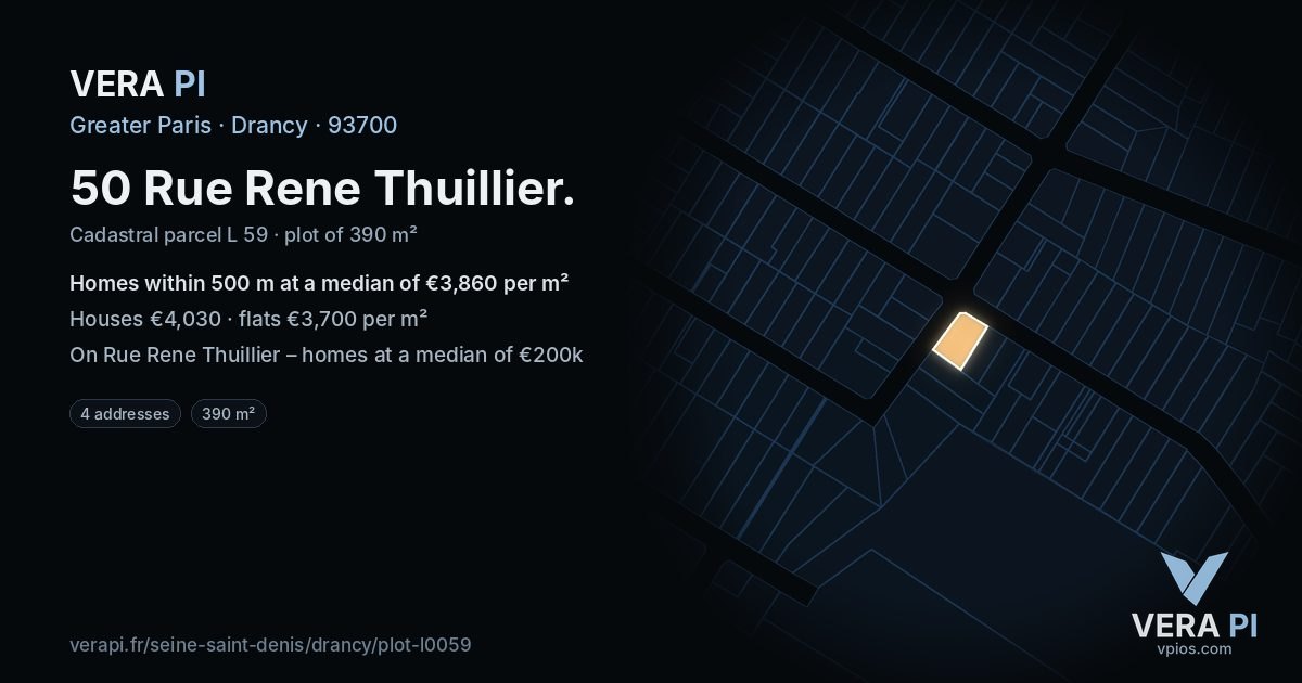 50 Rue Rene Thuillier, Drancy at night – the plot lit, the parcels around coloured by the prices near them