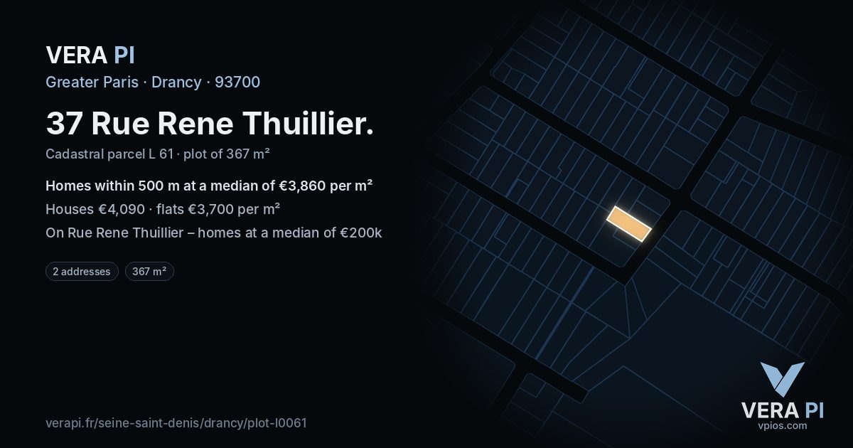 37 Rue Rene Thuillier, Drancy at night – the plot lit, the parcels around coloured by the prices near them