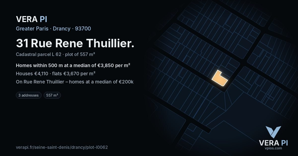 31 Rue Rene Thuillier, Drancy at night – the plot lit, the parcels around coloured by the prices near them