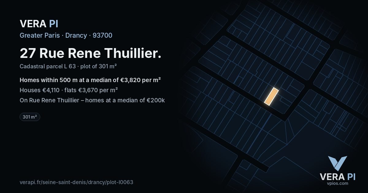 27 Rue Rene Thuillier, Drancy at night – the plot lit, the parcels around coloured by the prices near them