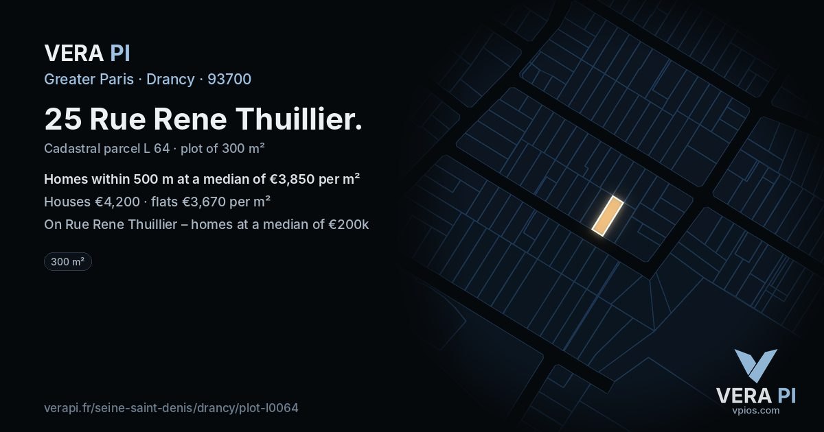 25 Rue Rene Thuillier, Drancy at night – the plot lit, the parcels around coloured by the prices near them