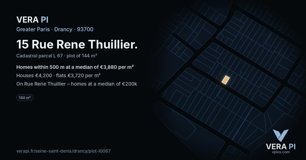 15 Rue Rene Thuillier, Drancy at night – the plot lit, the parcels around coloured by the prices near them