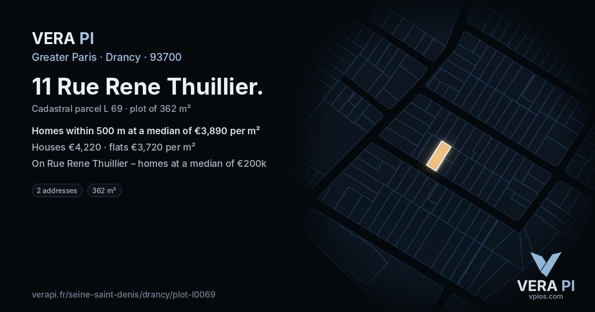 11 Rue Rene Thuillier, Drancy at night – the plot lit, the parcels around coloured by the prices near them
