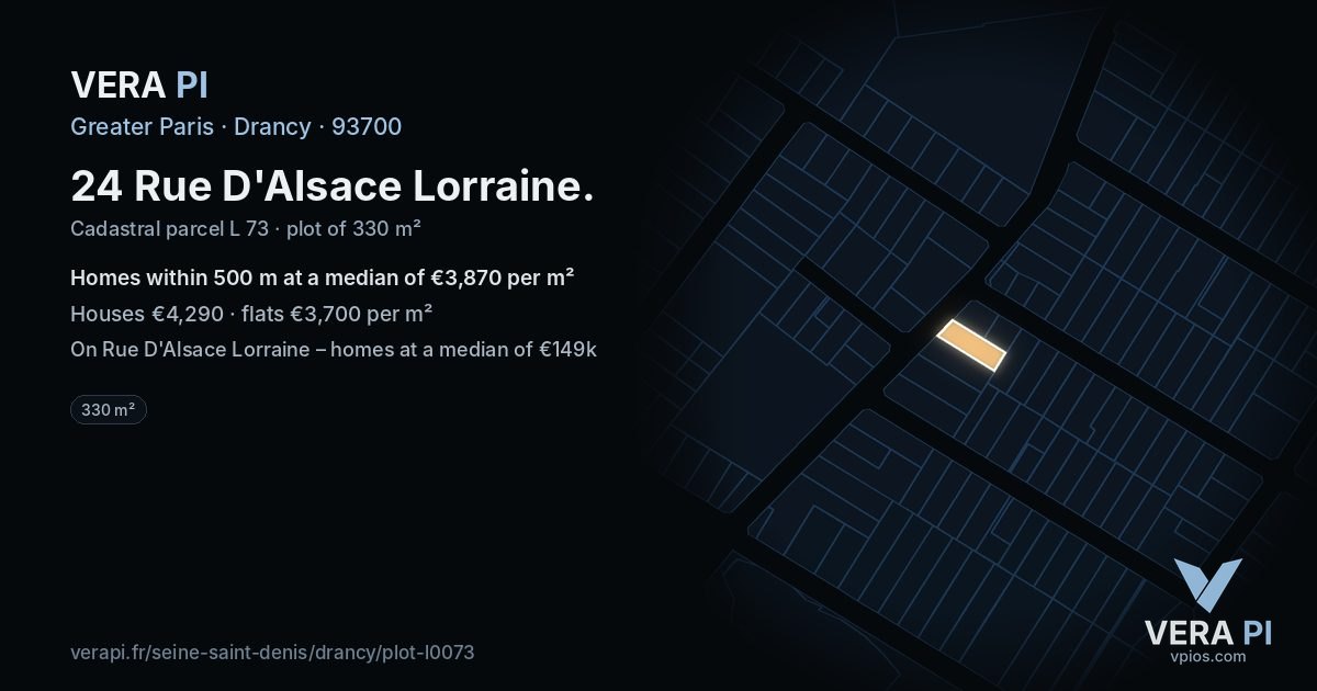 24 Rue D'Alsace Lorraine, Drancy at night – the plot lit, the parcels around coloured by the prices near them
