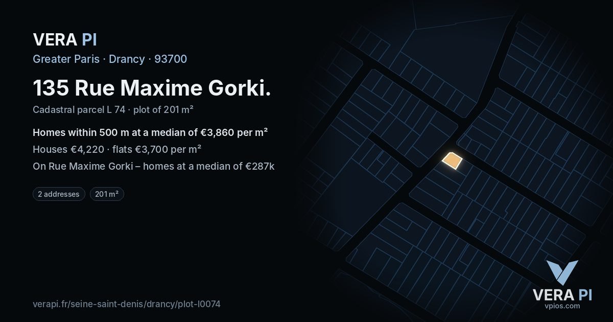 135 Rue Maxime Gorki, Drancy at night – the plot lit, the parcels around coloured by the prices near them