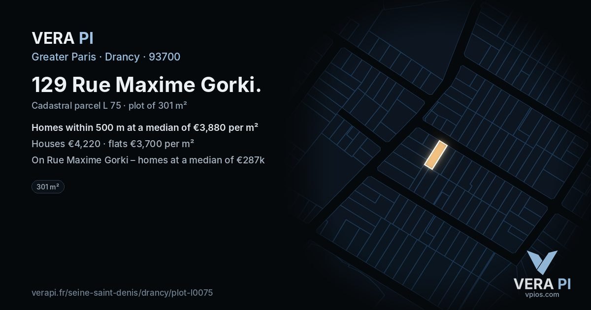 129 Rue Maxime Gorki, Drancy at night – the plot lit, the parcels around coloured by the prices near them