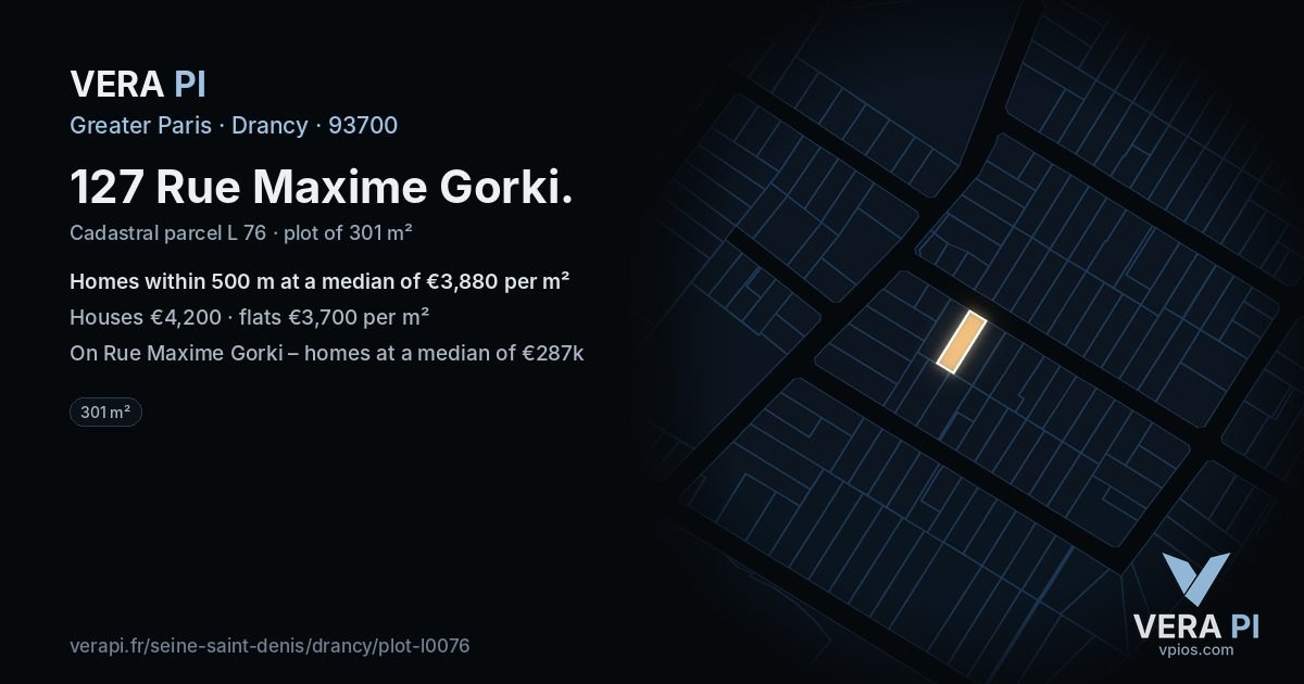 127 Rue Maxime Gorki, Drancy at night – the plot lit, the parcels around coloured by the prices near them