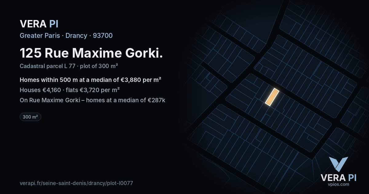125 Rue Maxime Gorki, Drancy at night – the plot lit, the parcels around coloured by the prices near them