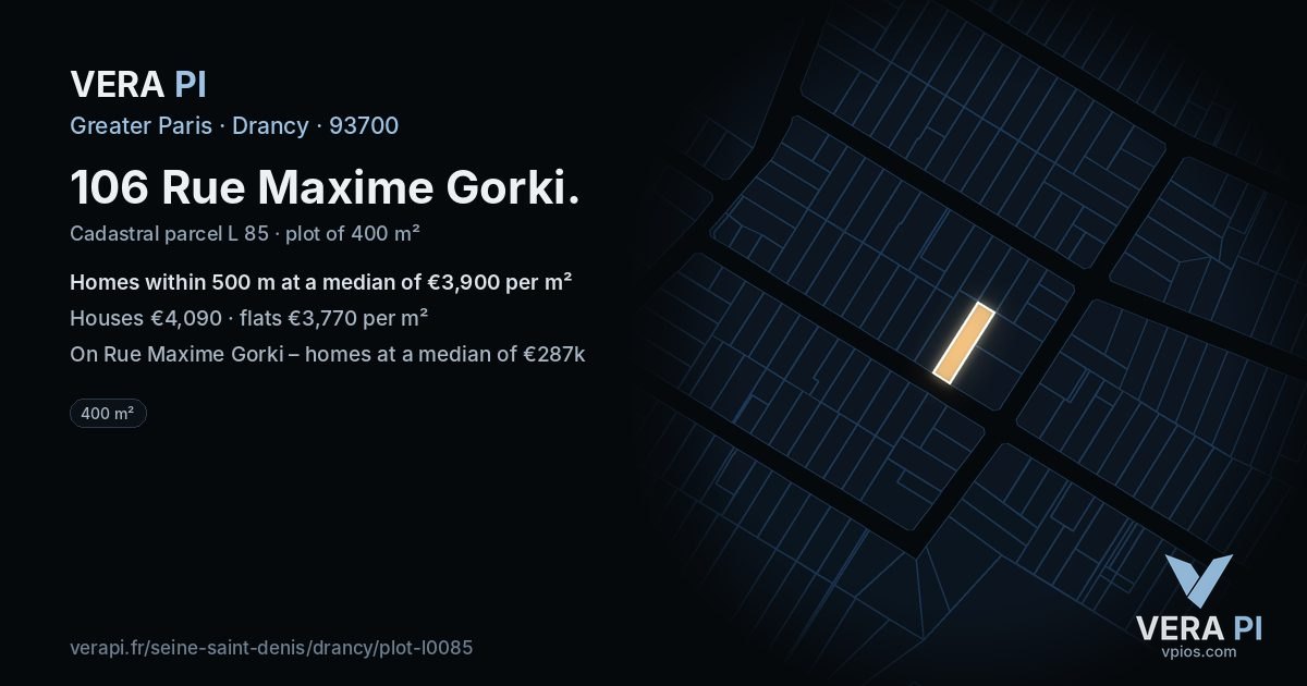 106 Rue Maxime Gorki, Drancy at night – the plot lit, the parcels around coloured by the prices near them