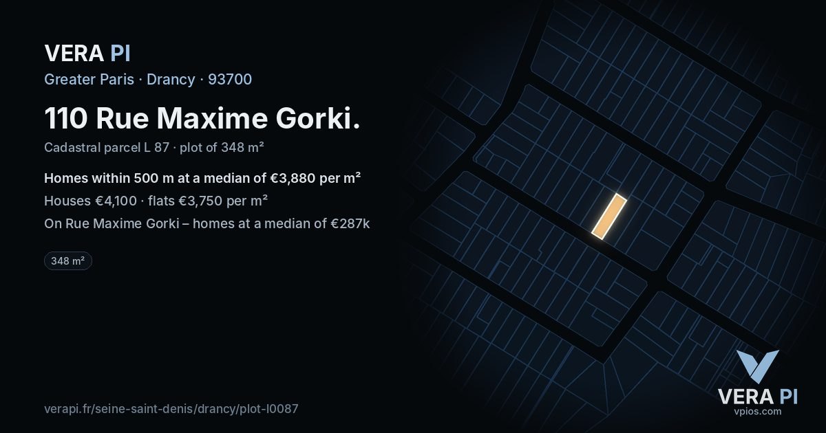 110 Rue Maxime Gorki, Drancy at night – the plot lit, the parcels around coloured by the prices near them